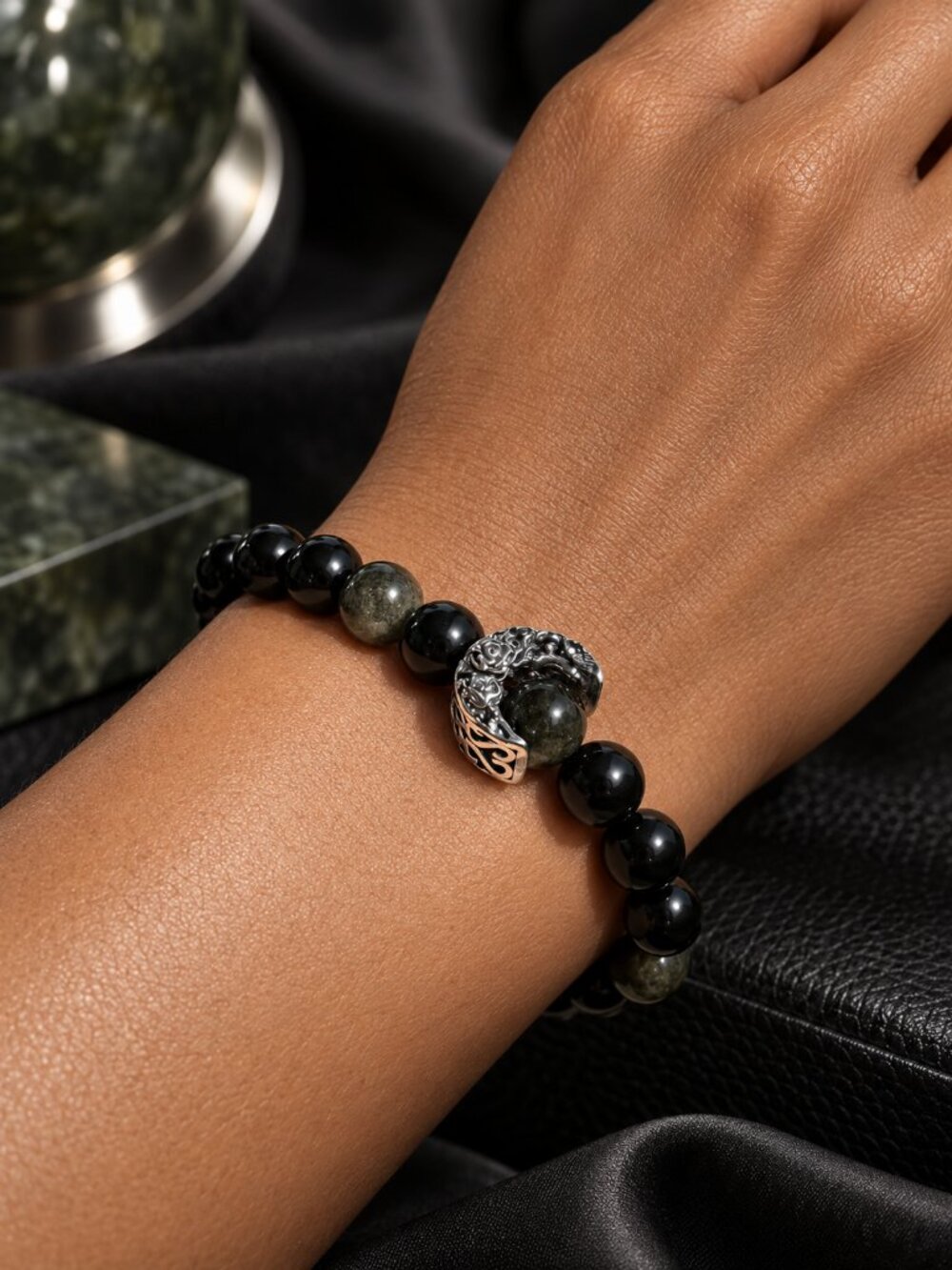 Obsidian Bracelet with S925 Sterling Silver Crescent Moon Charm | 6.5"